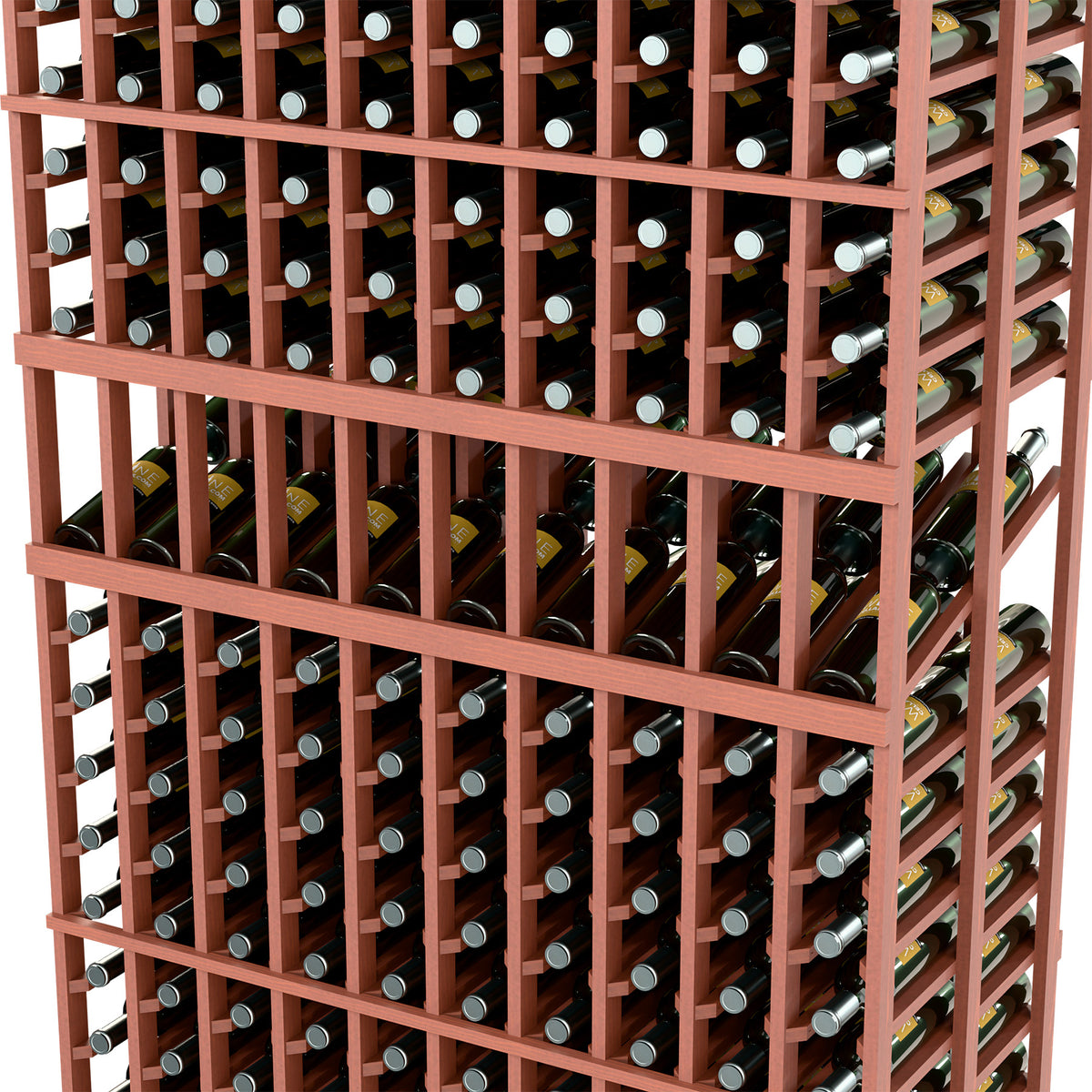 Wine bottle rack close-up with warm brown slats and bottle necks across storage rows