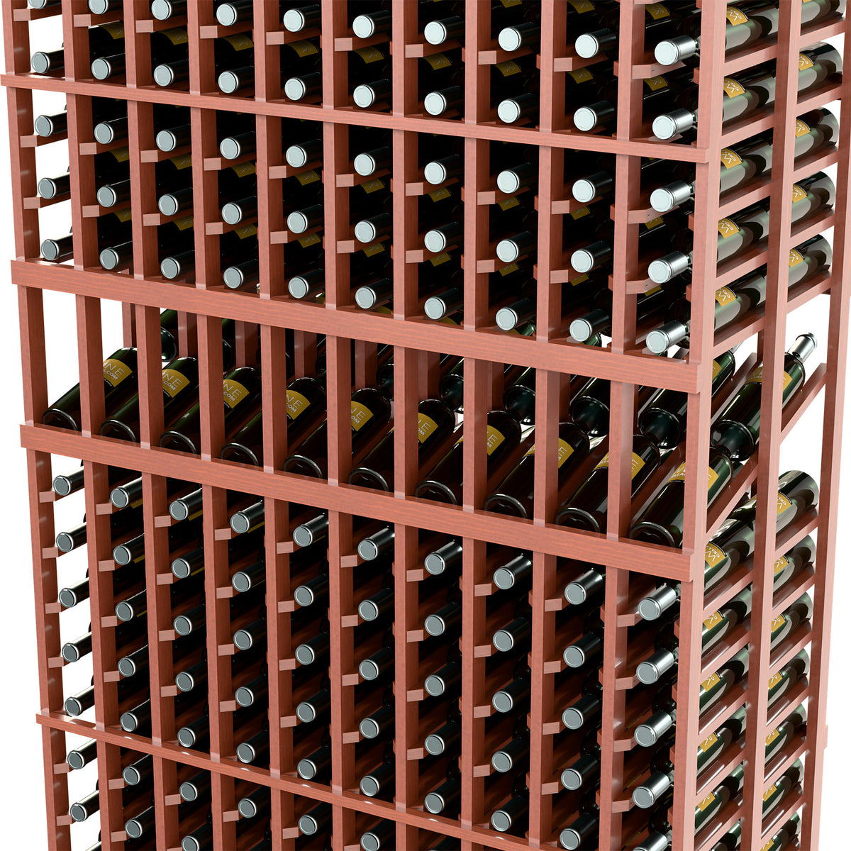 Wine bottle display rack close-up with warm brown shelves and bottle necks visible