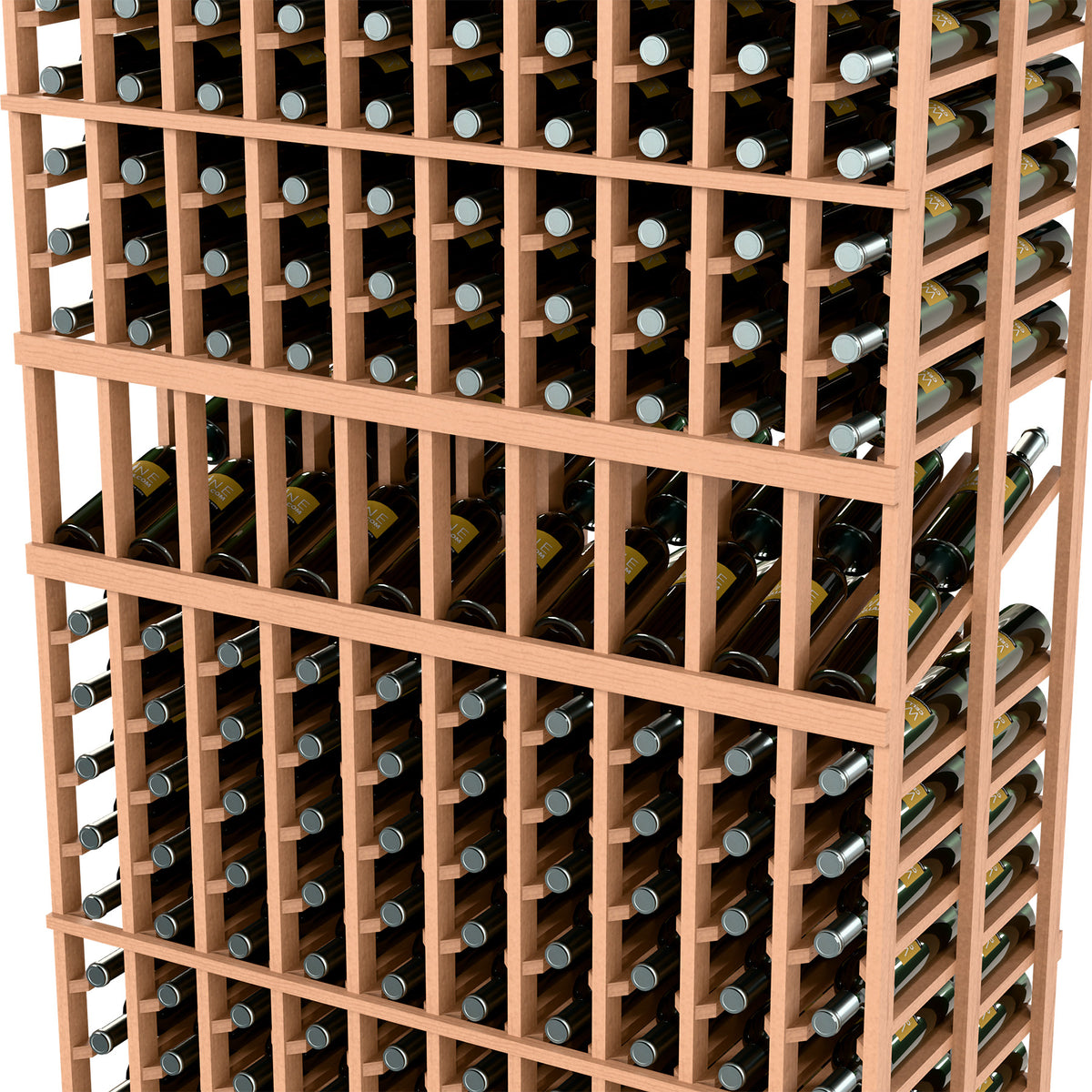 Wine bottle rack close-up with light wood slats and bottle necks in evenly spaced rows