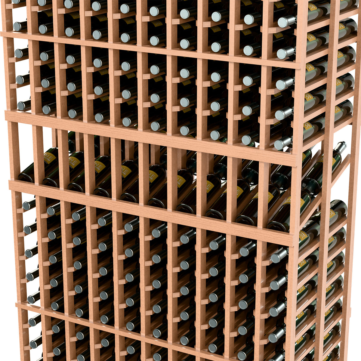 Close-up of 10-column double-deep wine rack with light wood slats and bottle openings