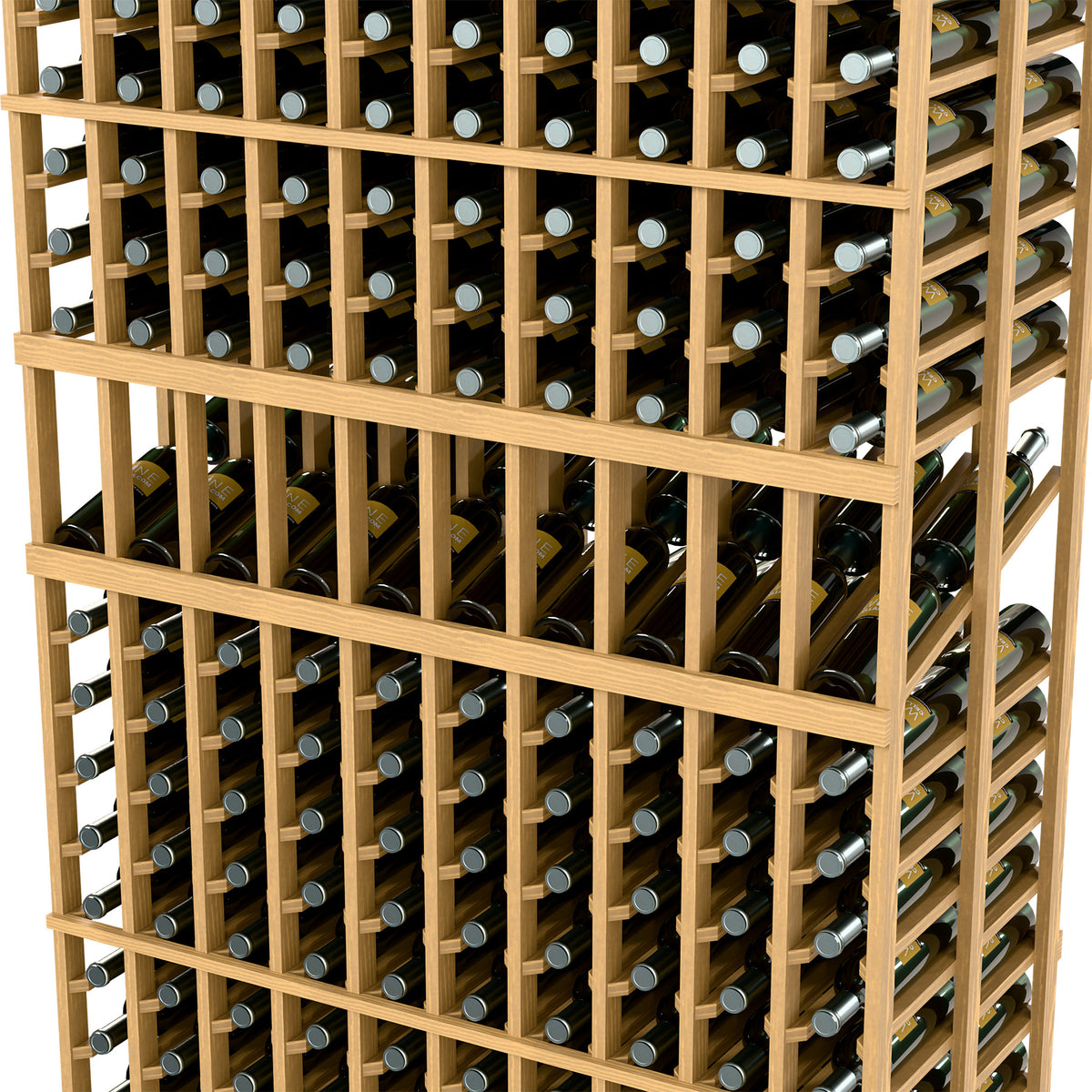 Close-up of 10-column double-deep wine rack showing light wood slats and bottle neck grips