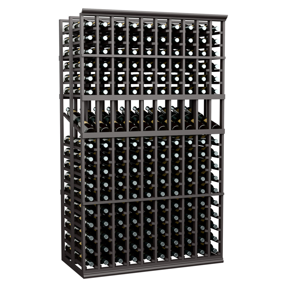10-column double-deep wine display rack with grid bottle slots and dark wood frame
