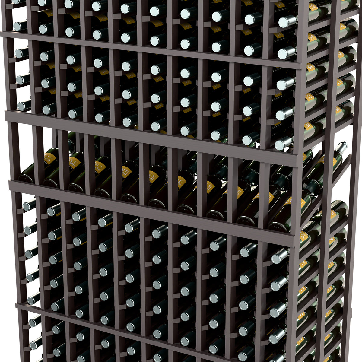 Close-up of 10-column double-deep wine rack with dark slats and bottle openings