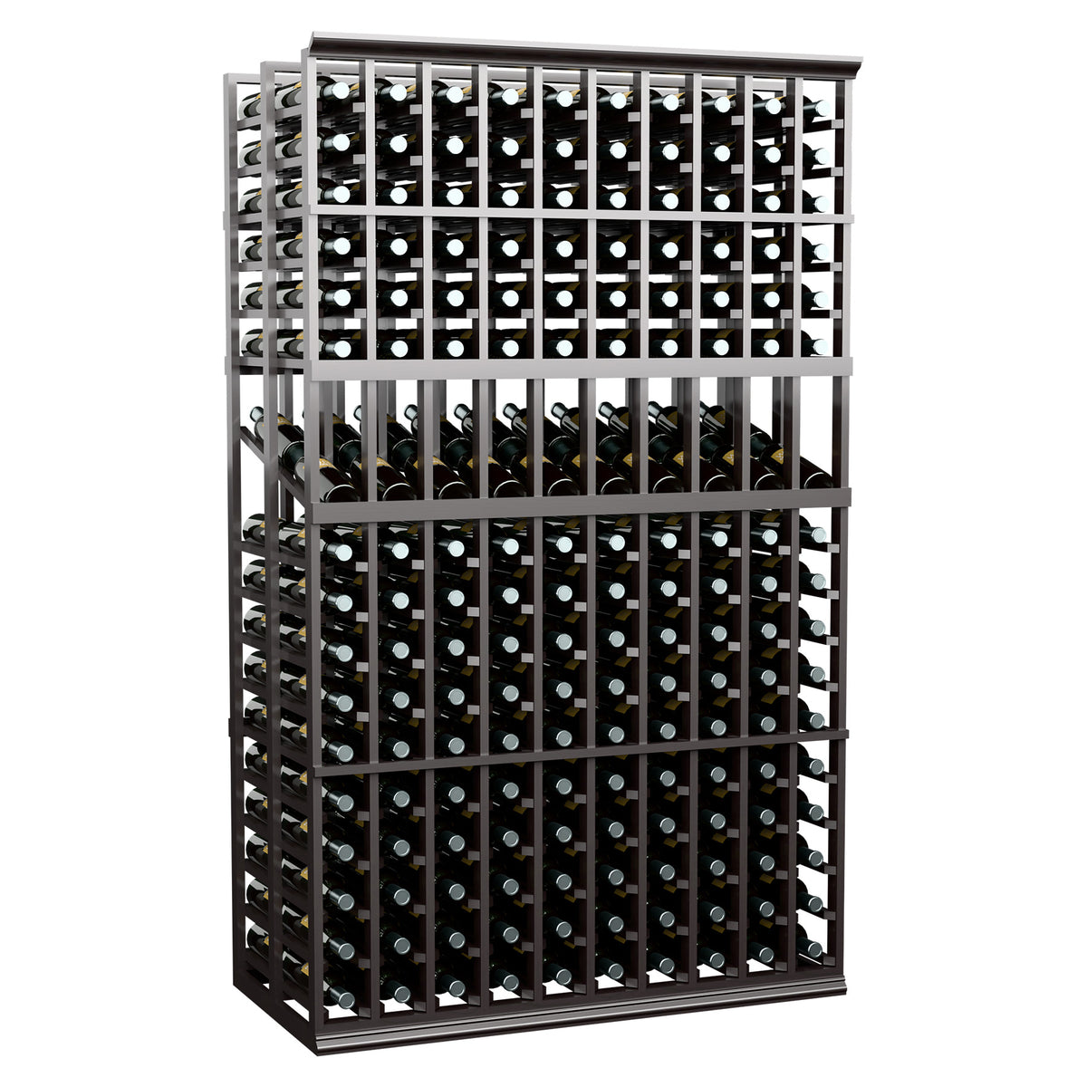 10-column double-deep wine display rack in dark wood with bottles stored in slots