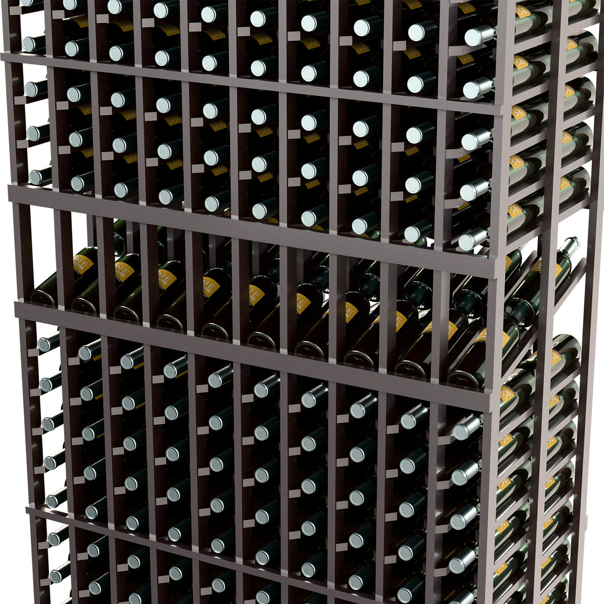 Close-up view of 10-column double-deep wine rack with dark wood frame and bottle slots