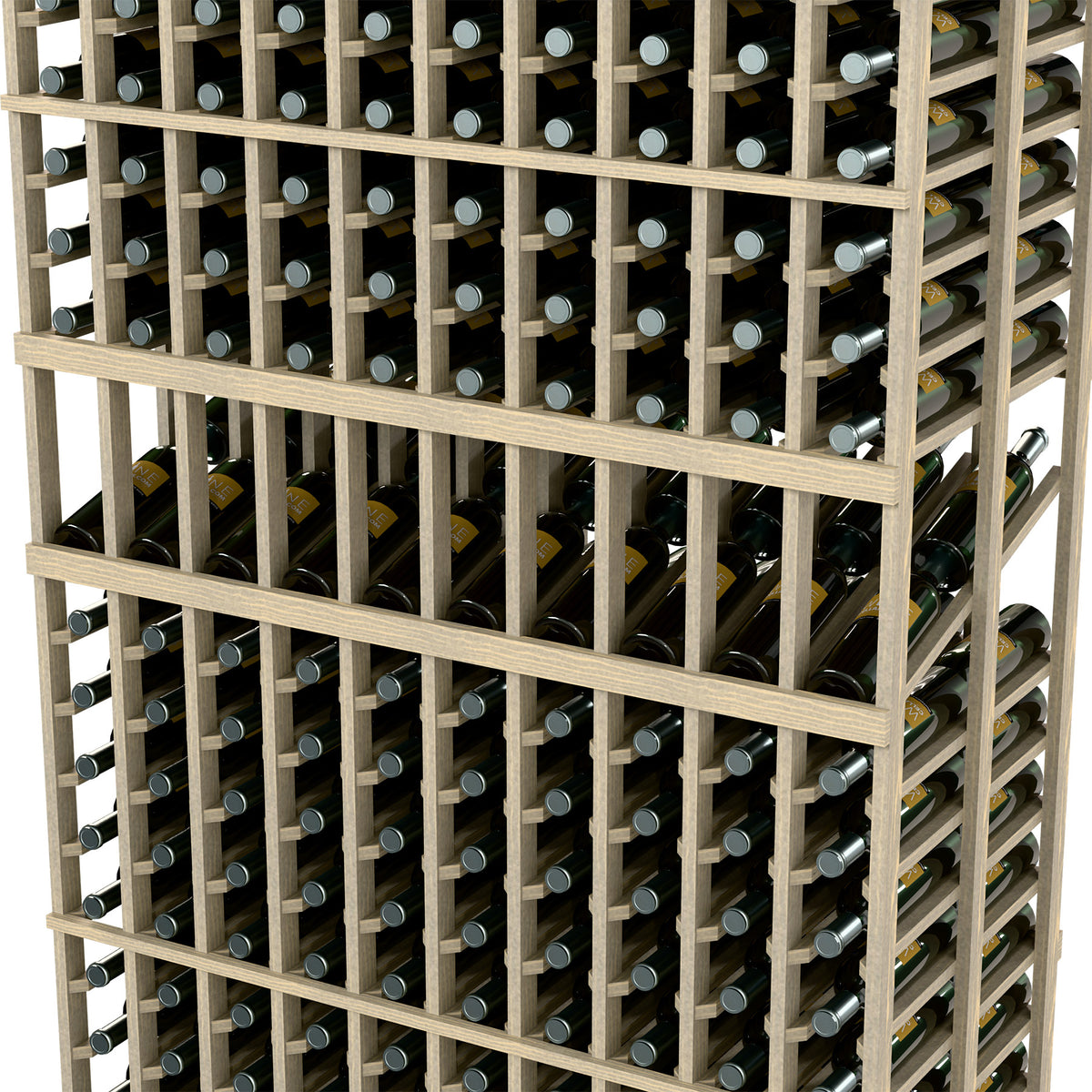 Wine display rack with 10 columns and double-deep bottle holders, light wood frame