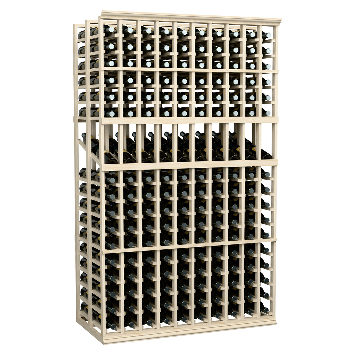 Wine display rack with 10 columns and double-deep bottle holders, light wood frame