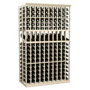 Wine display rack with 10 columns and double-deep bottle holders, light wood frame