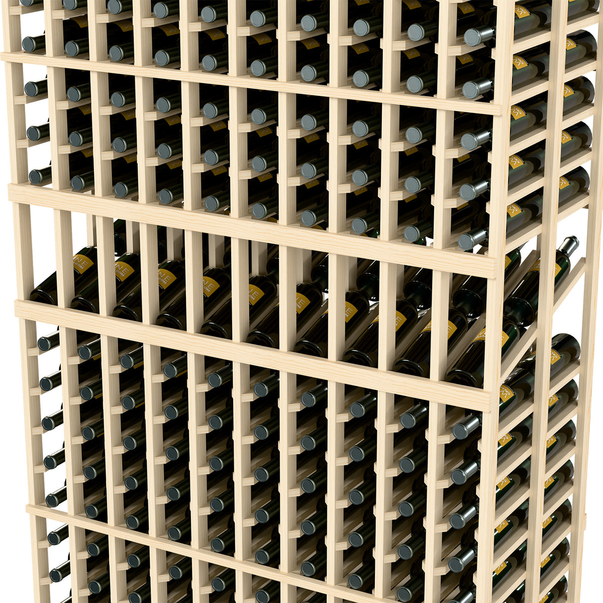 Wine display rack with 10 columns and double-deep bottle holders, pale wood frame