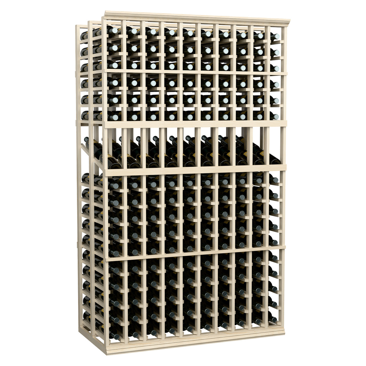 Wine display rack with 10 columns and double-deep bottle holders, light wood frame