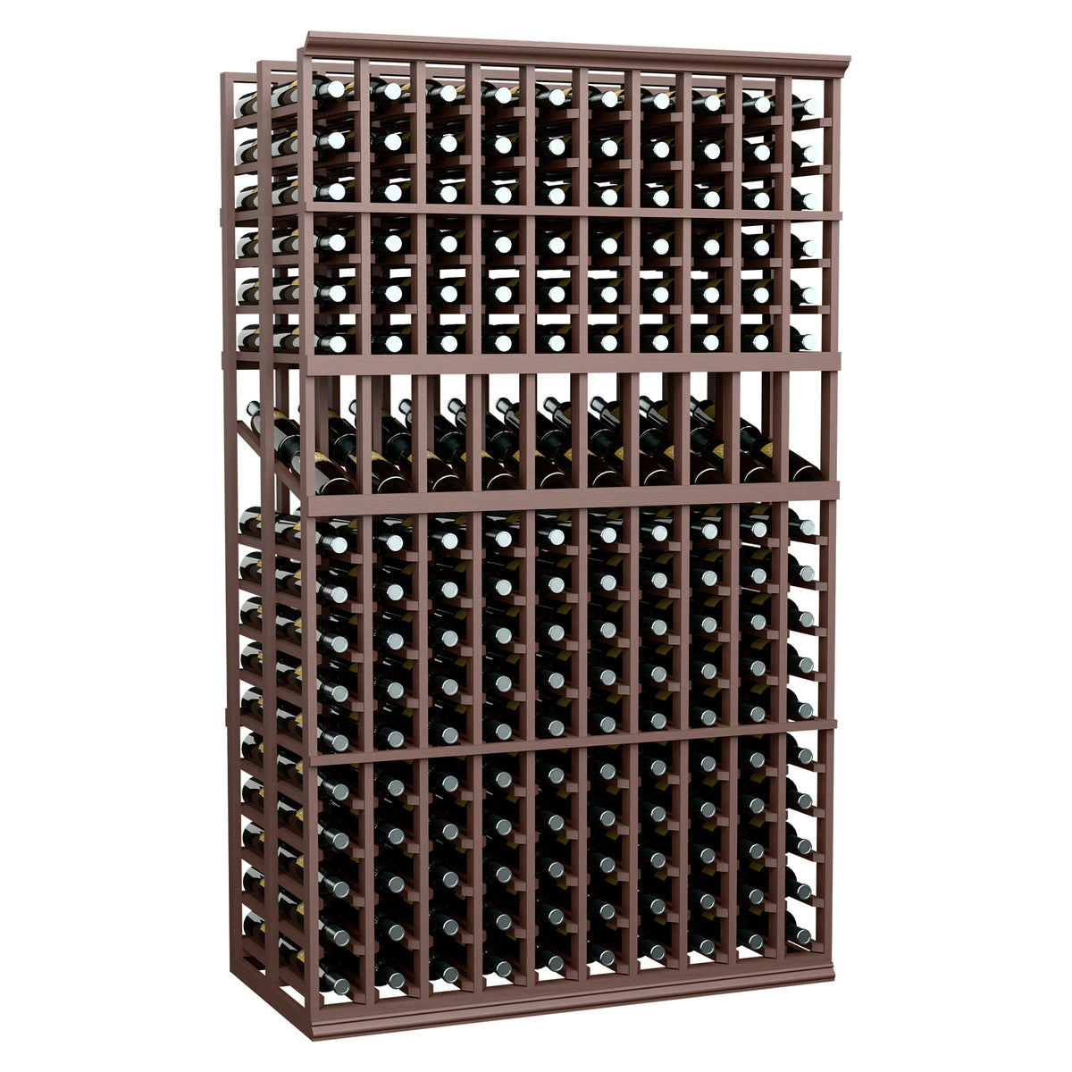 Wine display rack with 10 columns and double-deep bottle holders, dark wood frame