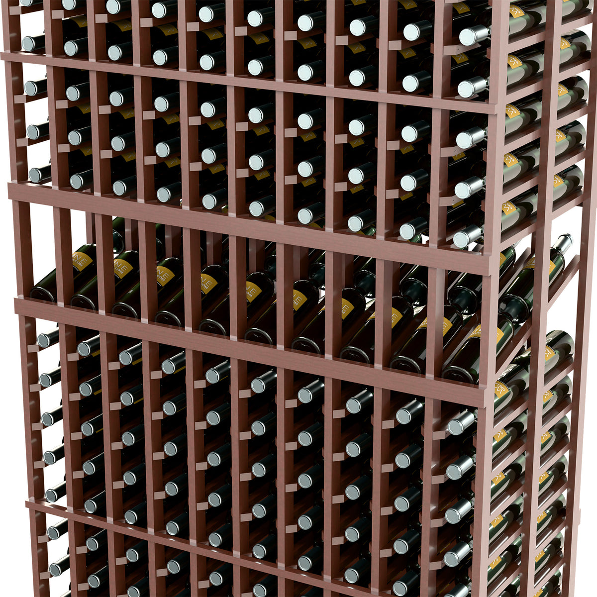 Double-deep wine rack with dark wood frame, bottle slots in two rows, close-up view.