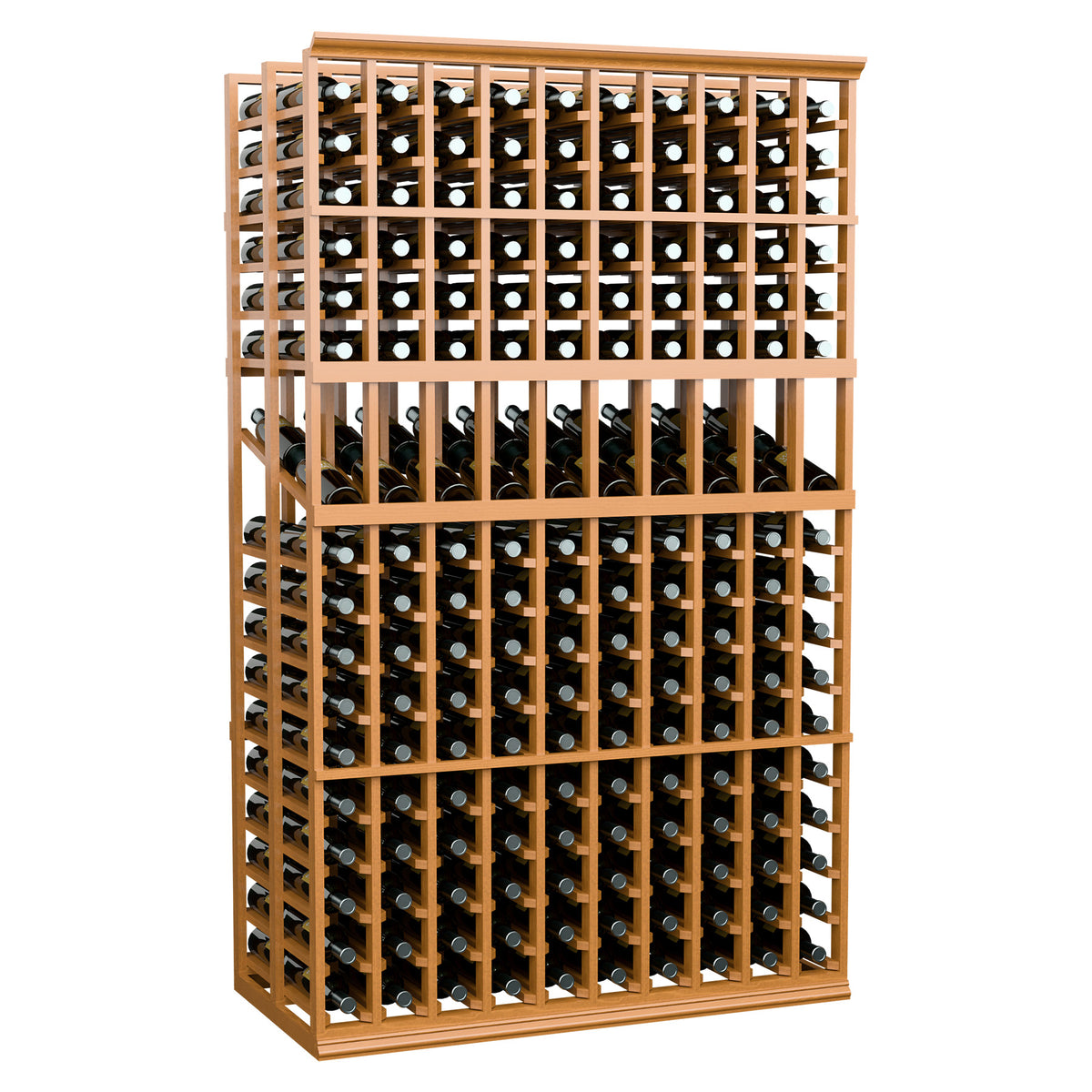 Double-deep wine rack with 10 columns, light wood frame, front view of bottle compartments.