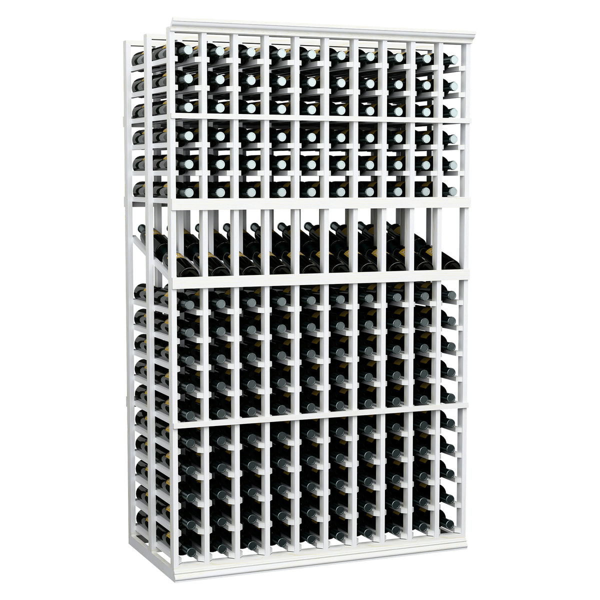 Double-deep wine rack with 10 columns, white frame with bottle slots and metal pins.