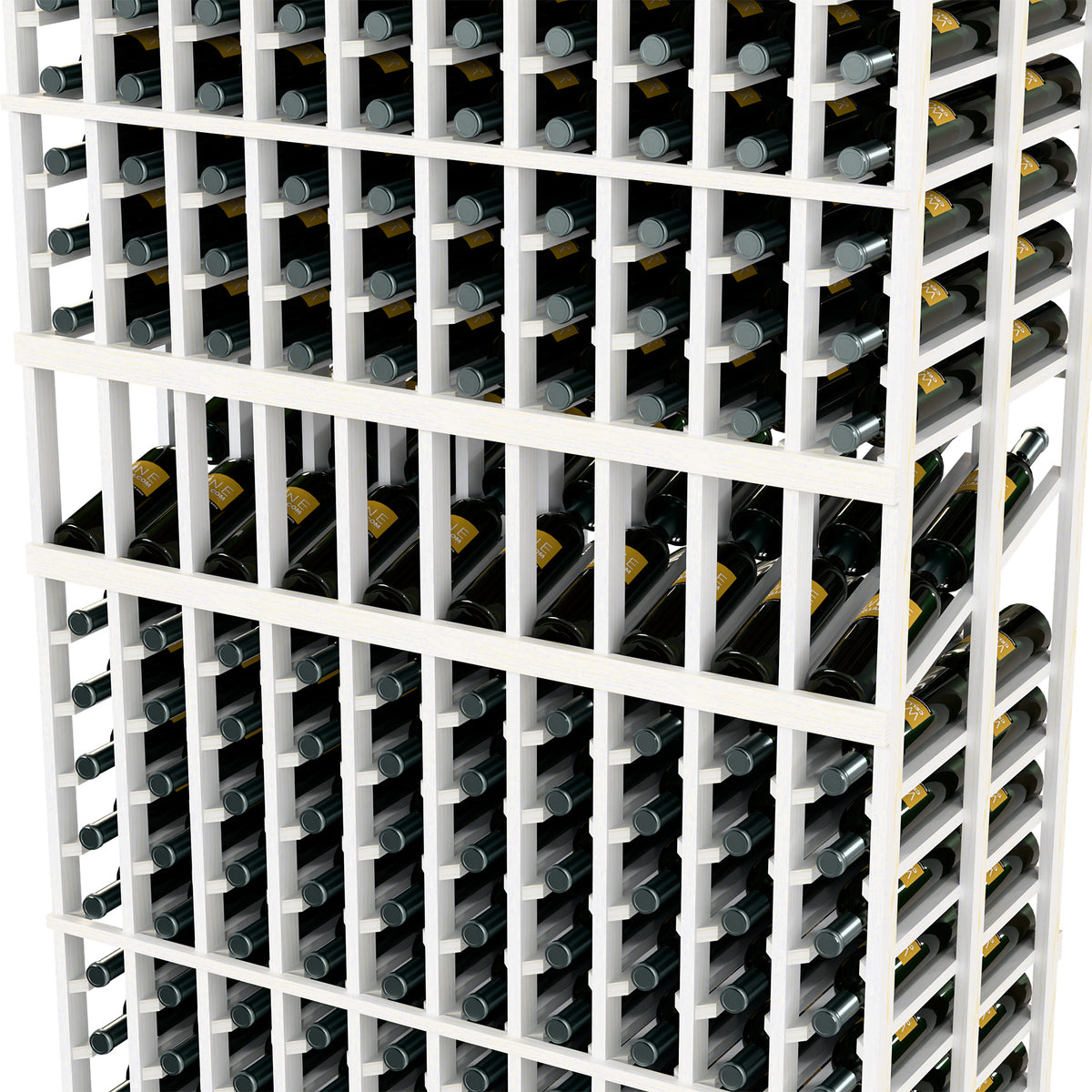 Double-deep wine rack with white frame, bottle rows with silver pin supports, close-up.