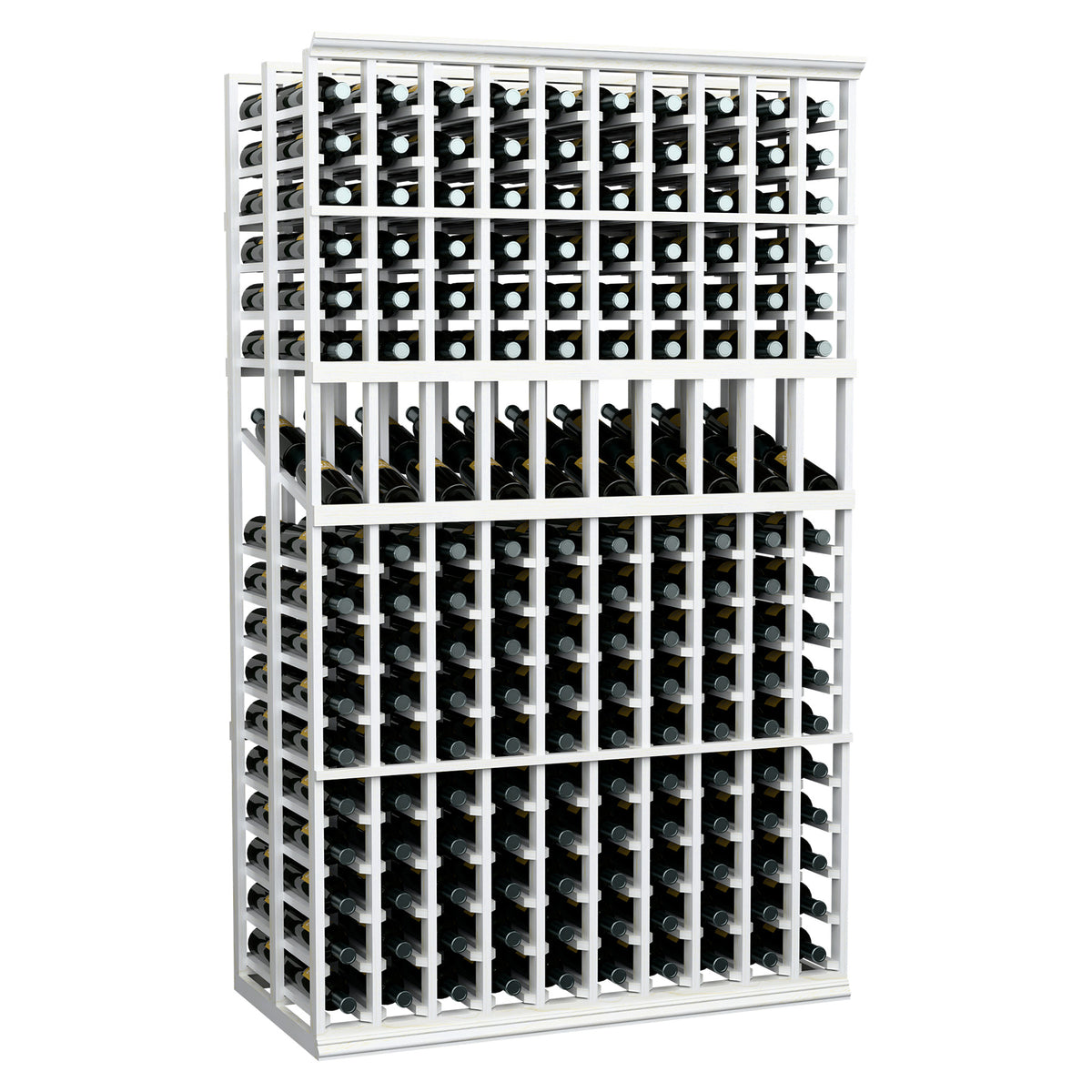 Double-deep wine rack with 10 columns, white frame, front view of bottle storage.
