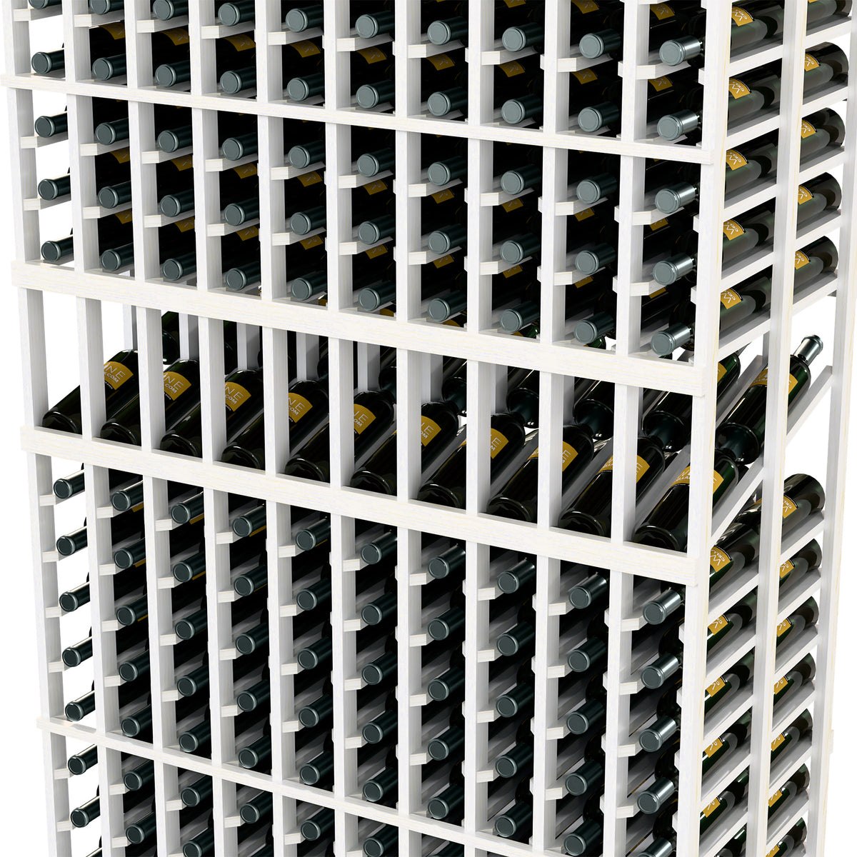 Double-deep wine rack with white frame, bottle slots and pin holders, close-up rows.