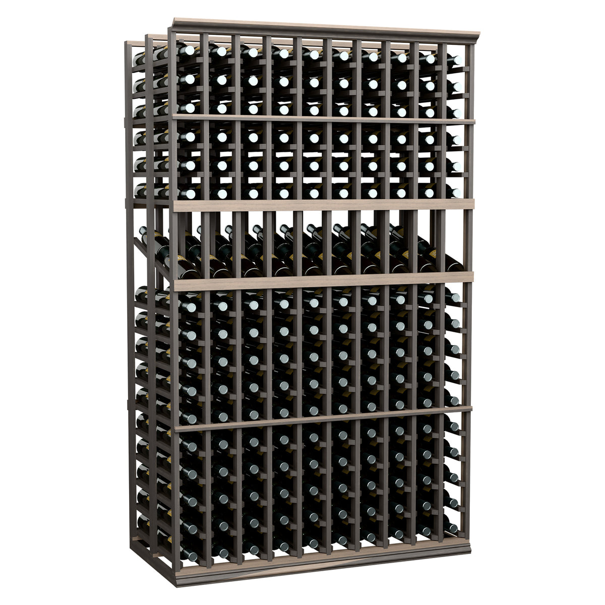 Double-deep wine bottle display rack with metal bottle holders, front view