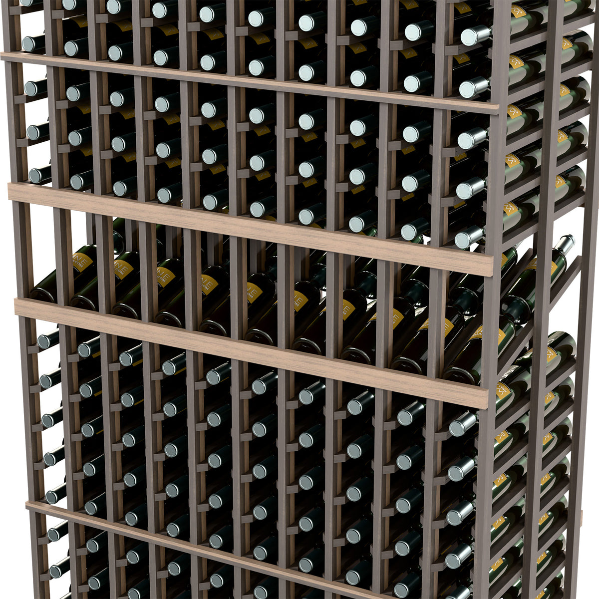 Double-deep wine bottle display rack close-up showing bottle holders and rows