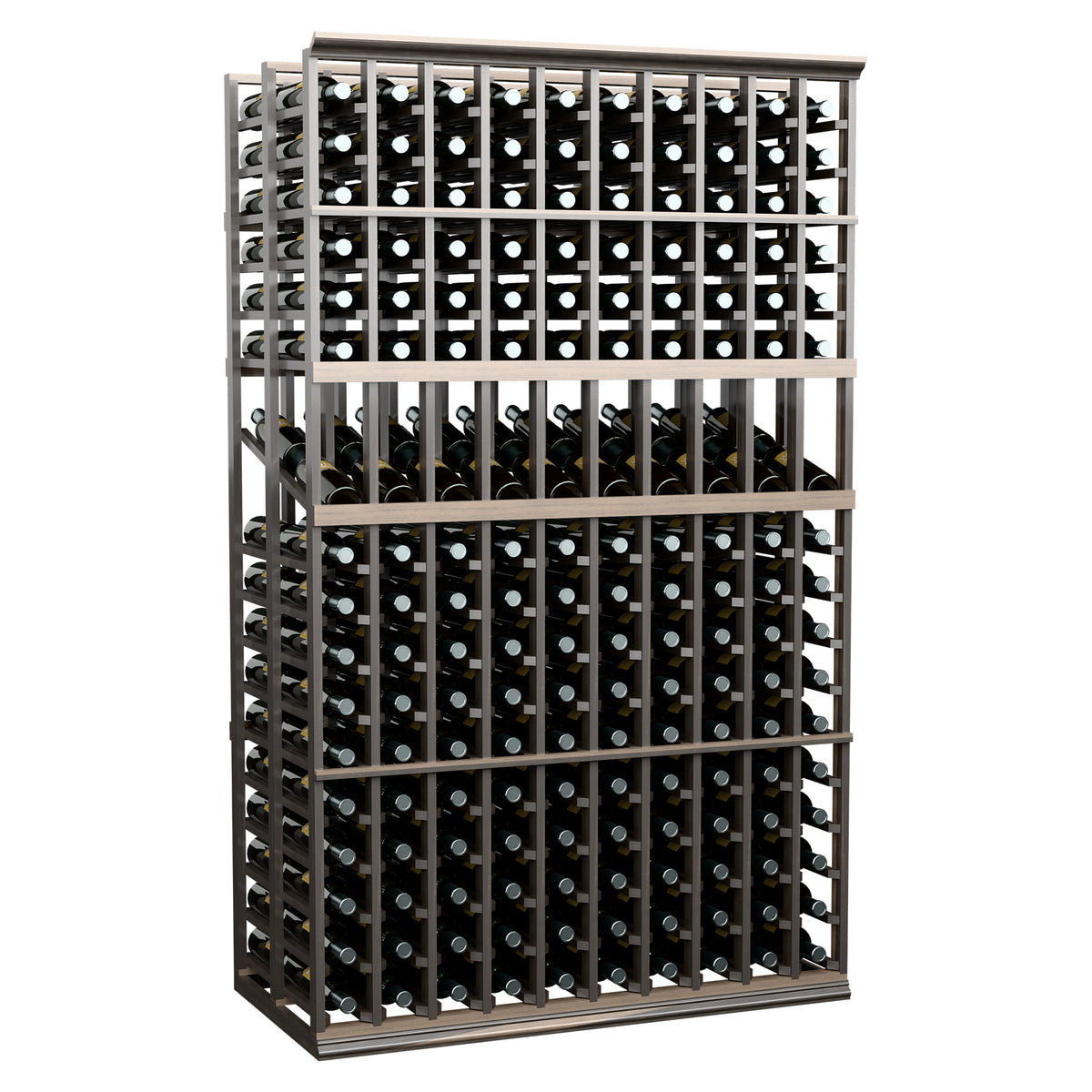 Double-deep wine bottle display rack with metal holders, front view