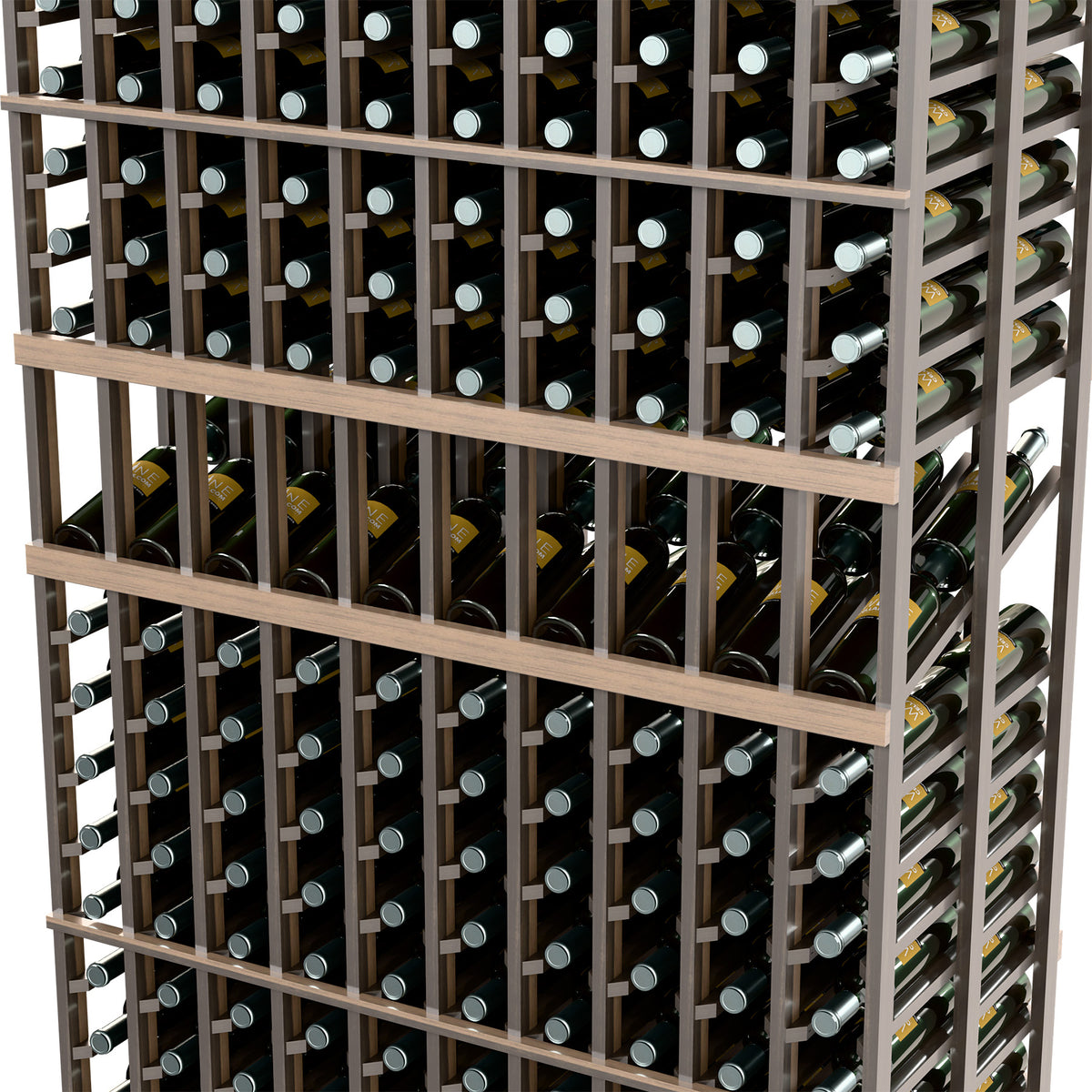 Double-deep wine bottle display rack close-up of bottle slots and rails