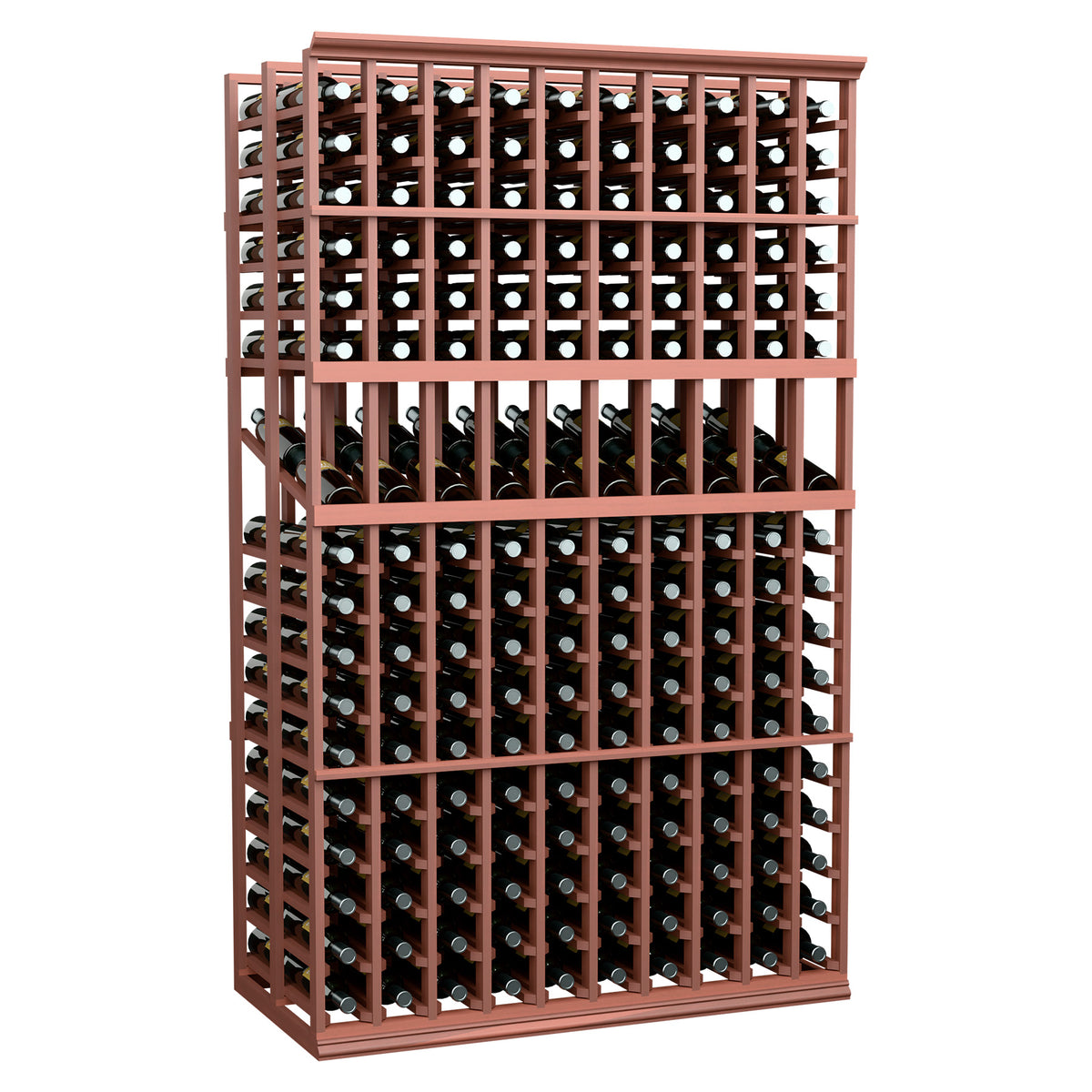 Double-deep wine bottle display rack with wood frame and metal holders, front view