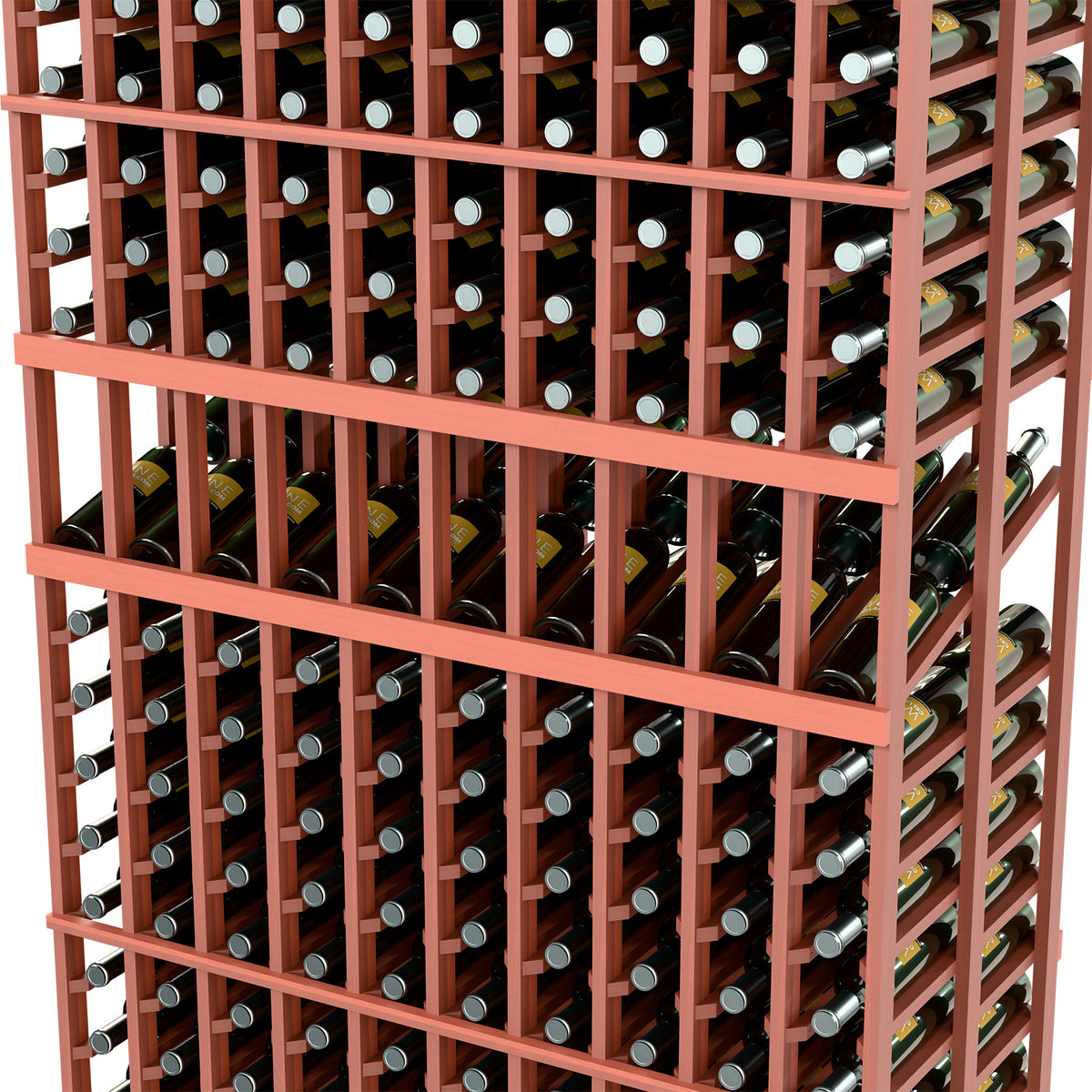 Double-deep wine bottle display rack close-up with wood rails and bottle holders