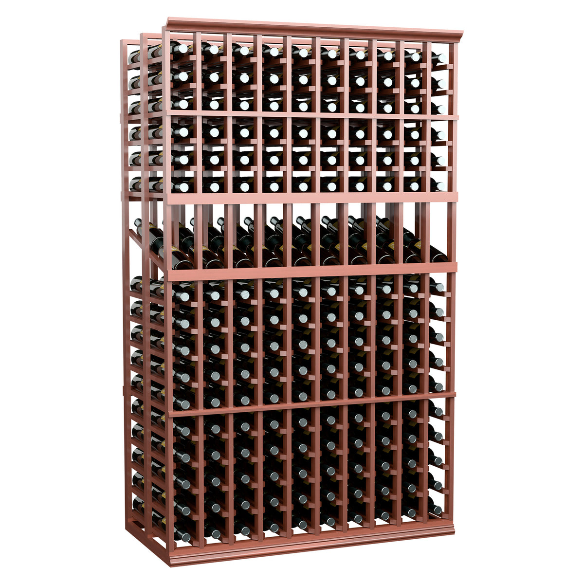 Double-deep wine bottle display rack with wood frame and metal bottle holders, front