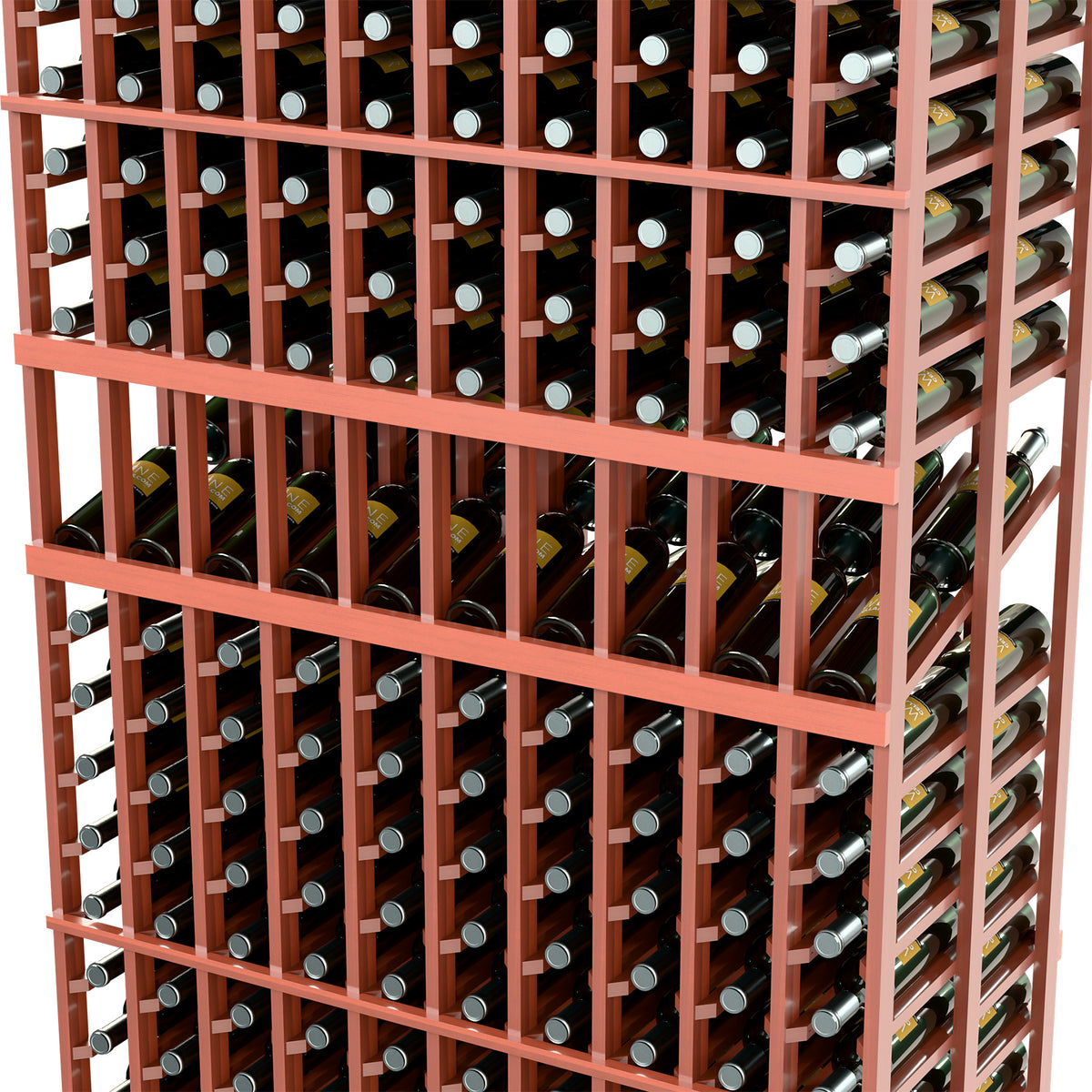 Double-deep wine bottle display rack close-up showing bottle holders in rows