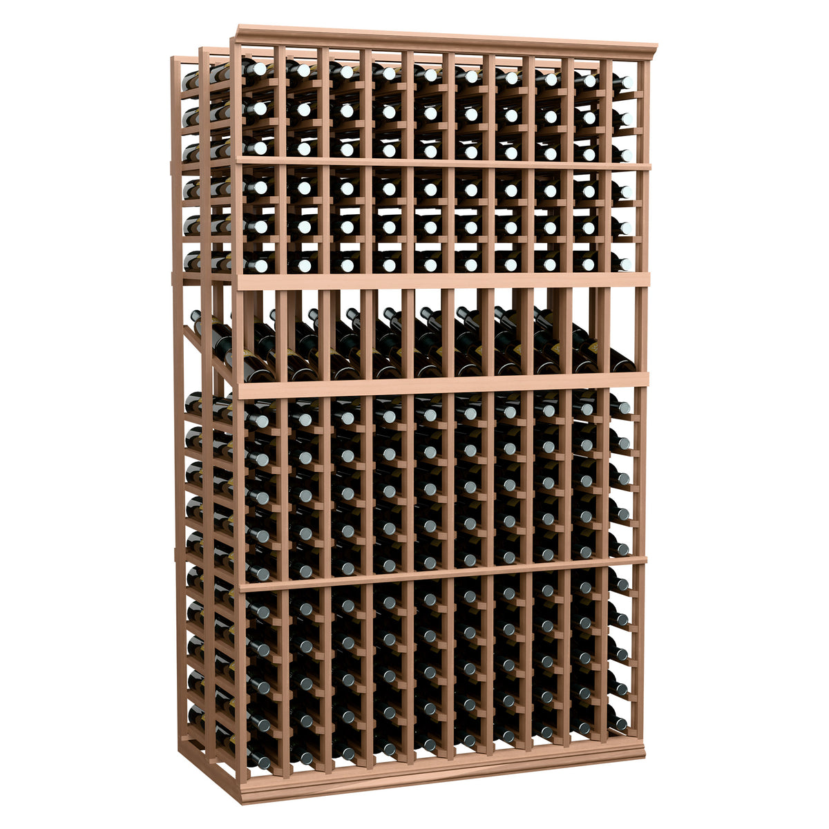 Double-deep wine bottle display rack with light wood frame and metal holders, front view