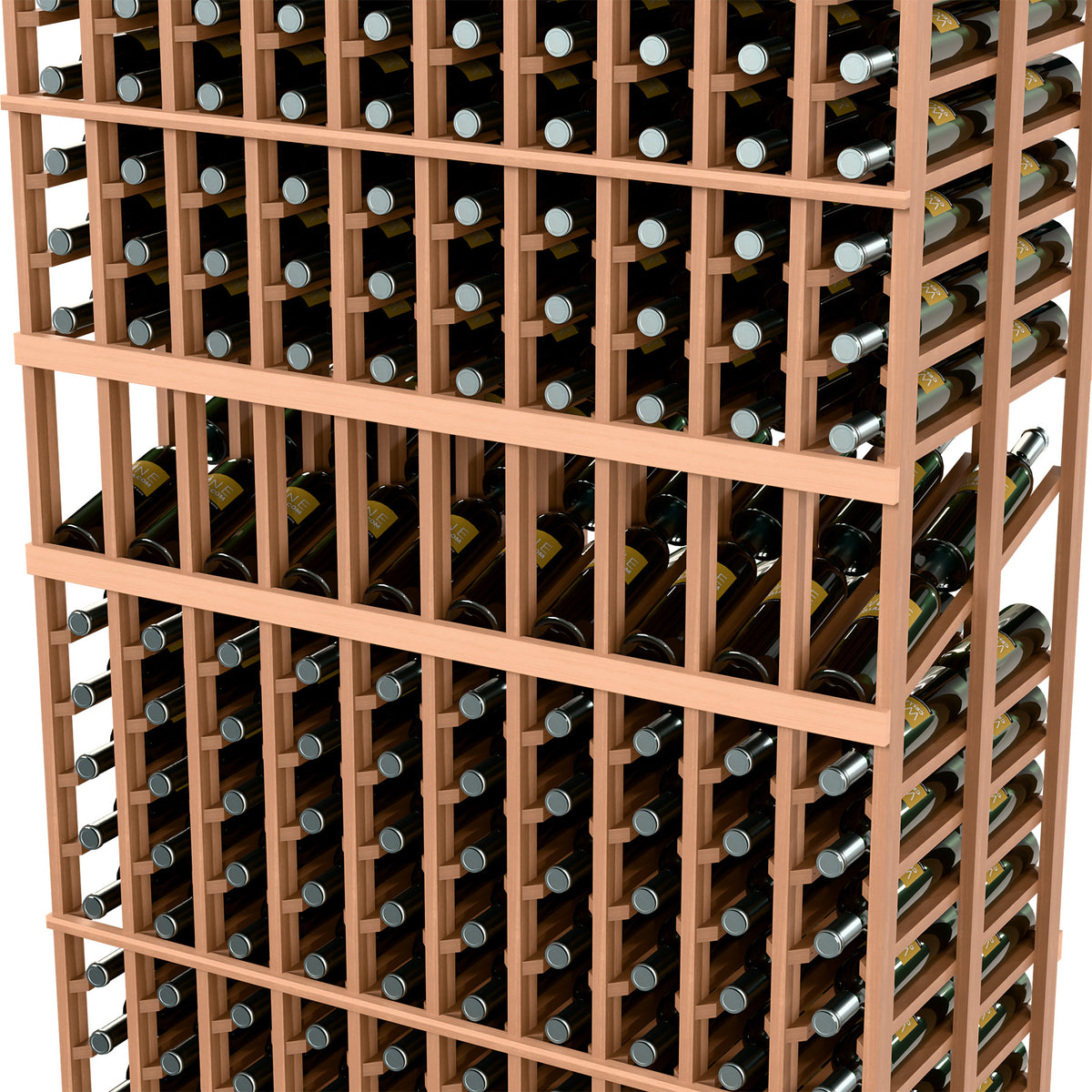 Double-deep wine bottle display rack close-up with light wood rails and bottle holders
