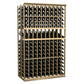 10-column double-deep wine bottle display rack in light wood with two-tier shelves