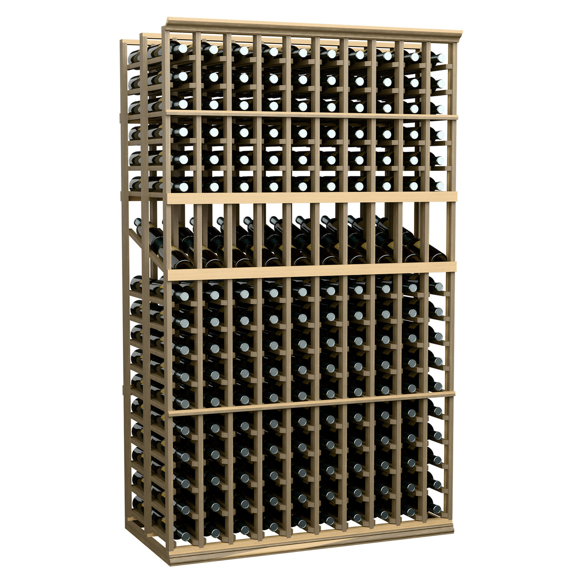 10-column double-deep wine bottle display rack in light wood with two-tier shelves