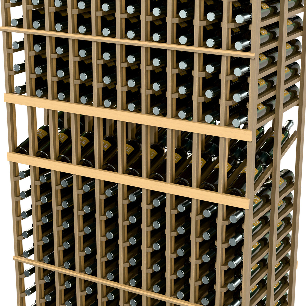 Light wood wine bottle rack detail with 10 columns and rows of bottle neck holders