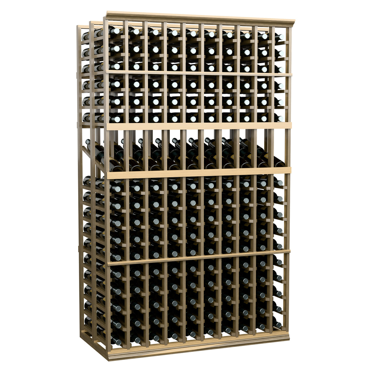 10-column double-deep wine bottle display rack with light wood frame and front rows