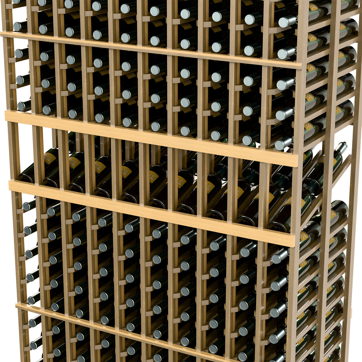 Light wood wine bottle display rack close-up with circular holders and multiple rows