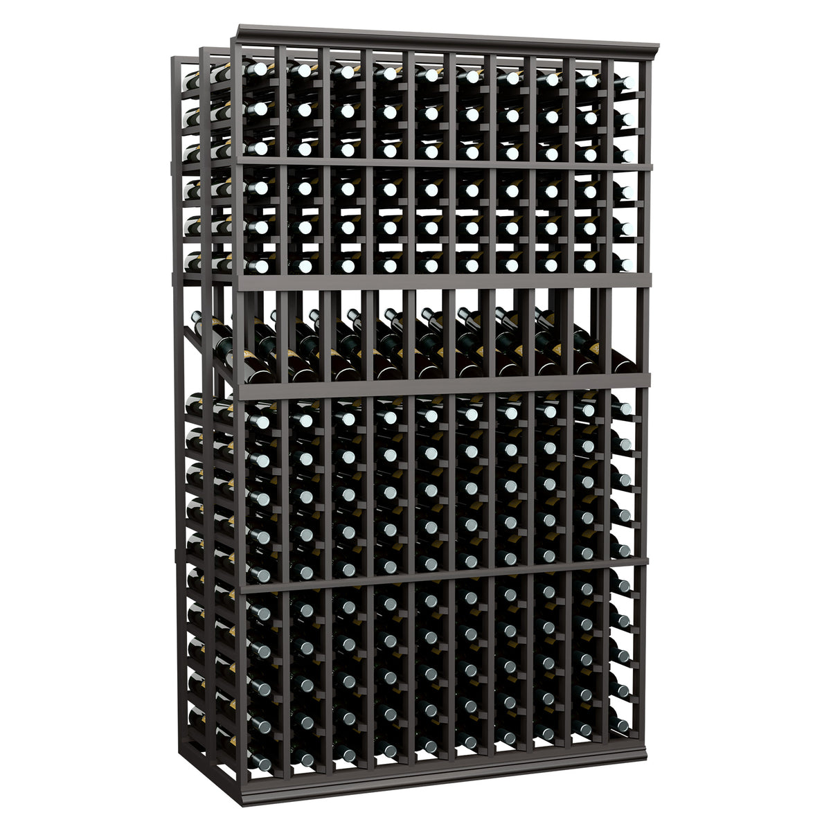 10-column double-deep wine bottle display rack with dark frame and two levels