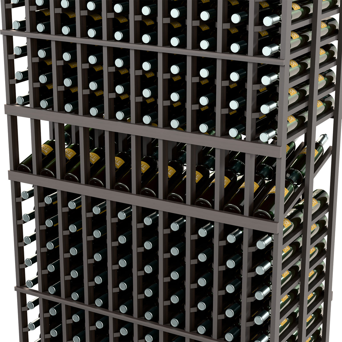 Dark wine bottle display rack detail with 10 columns and circular bottle holders