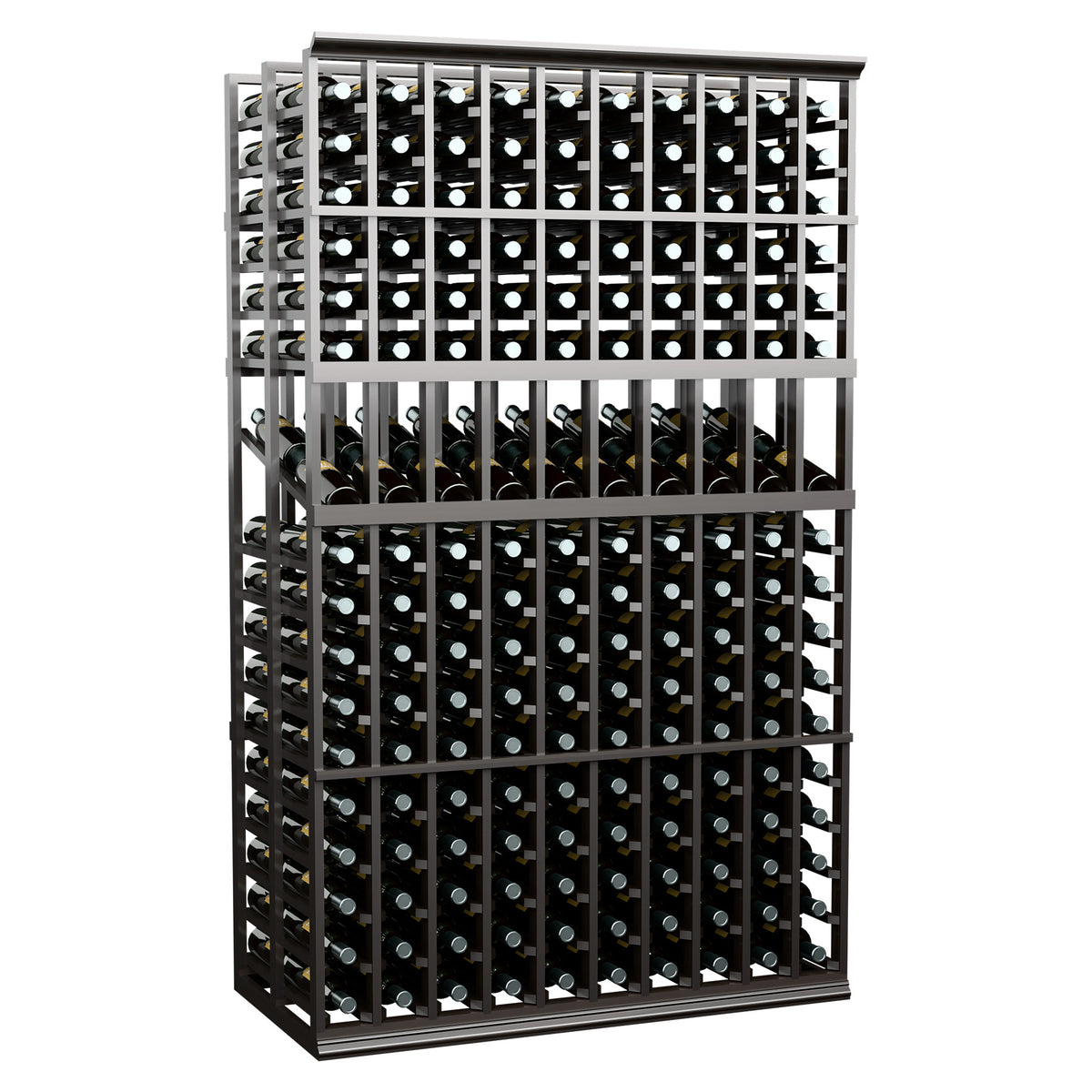 10-column double-deep wine bottle display rack in dark finish with front bottle rows