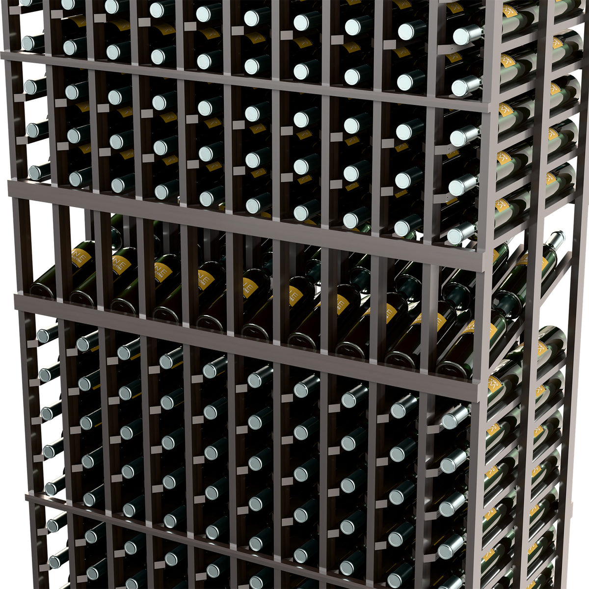 Dark wine bottle rack close-up with 10 columns and rows of bottle neck holders