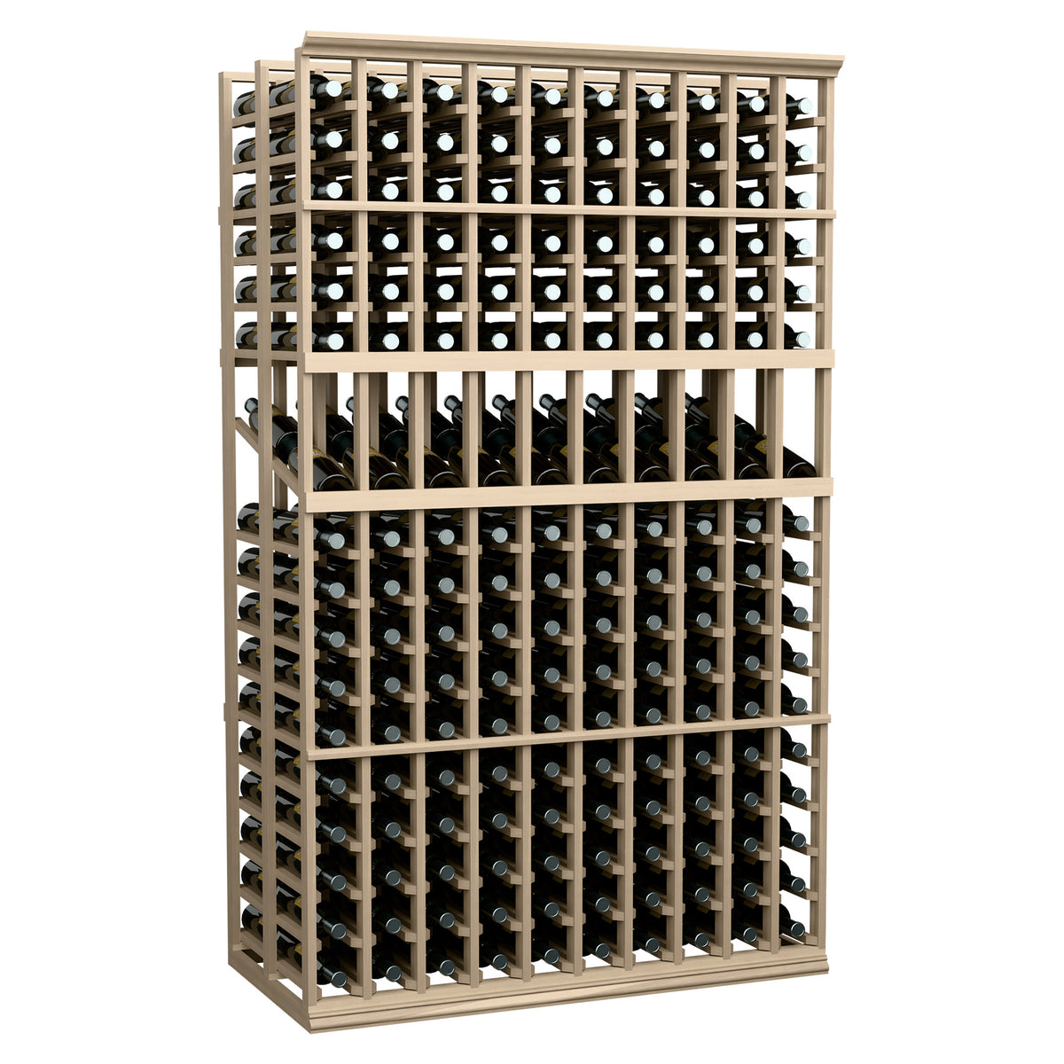 Wine display rack with wire bottle cradles and open grid storage, dark wood frame