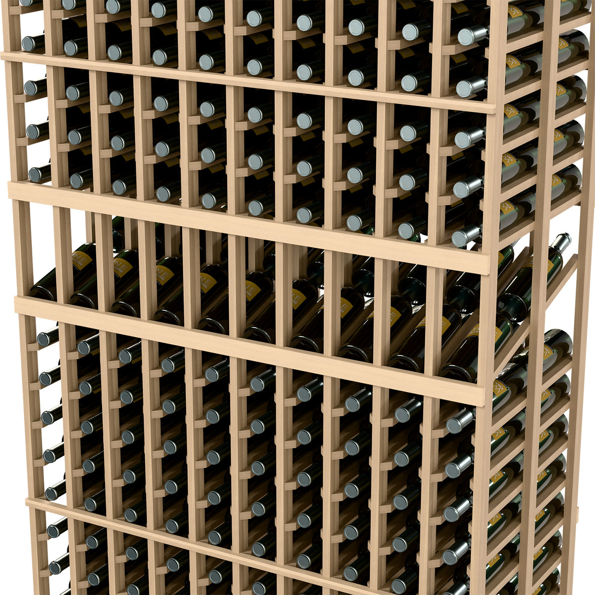 Close-up wine display rack with bottle slots, light wood grid and visible bottle necks