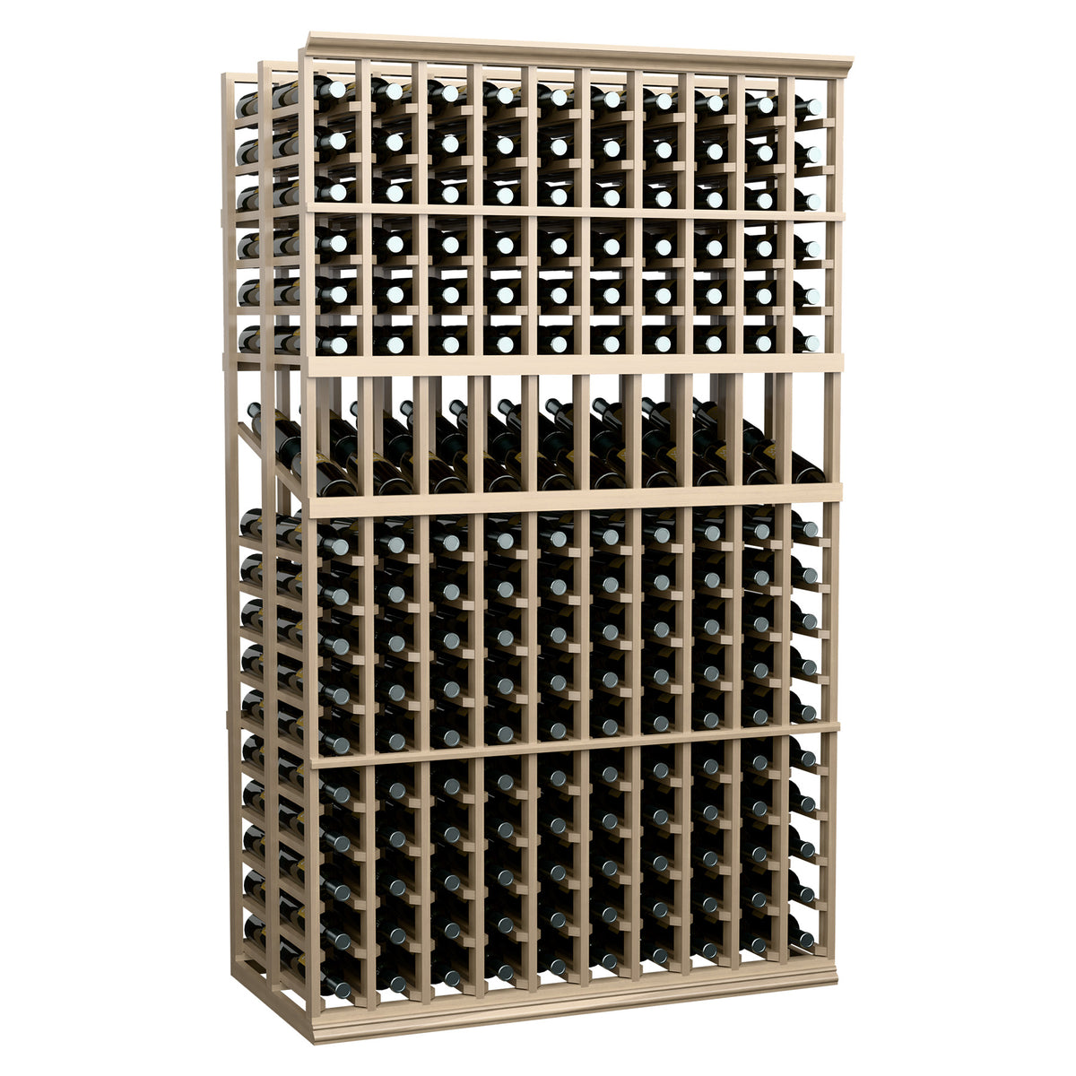 Wine display rack with crisscross bottle compartments, dark wood frame and rows