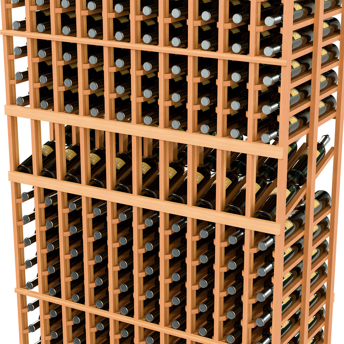Close-up wine display rack with bottle slots and light wood grid, multiple rows