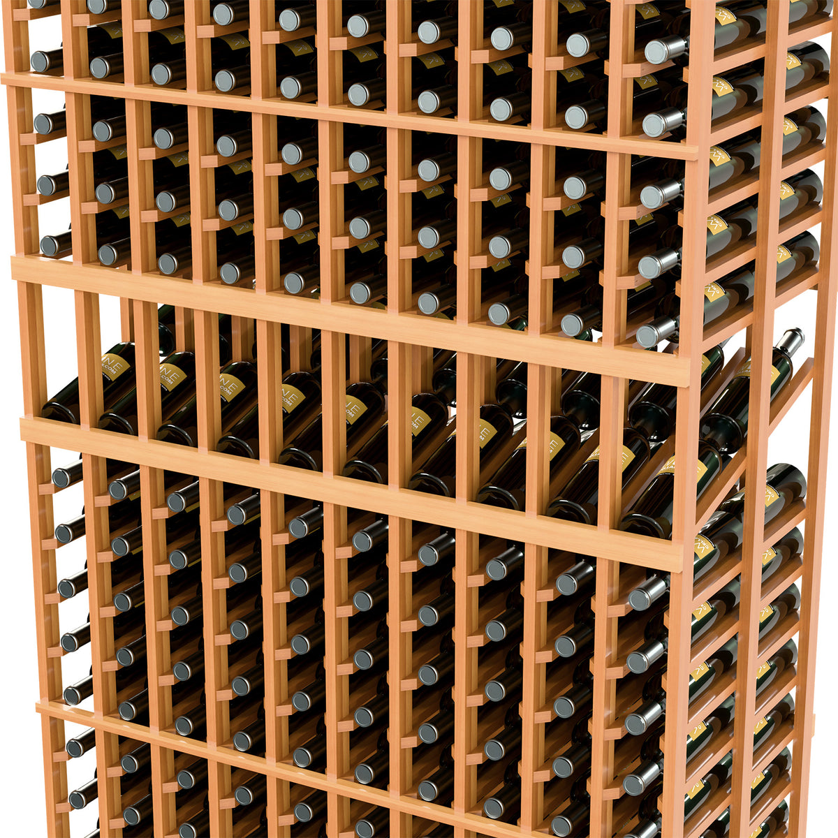 Close-up wine rack showing bottle cradles in a light wood frame with rails