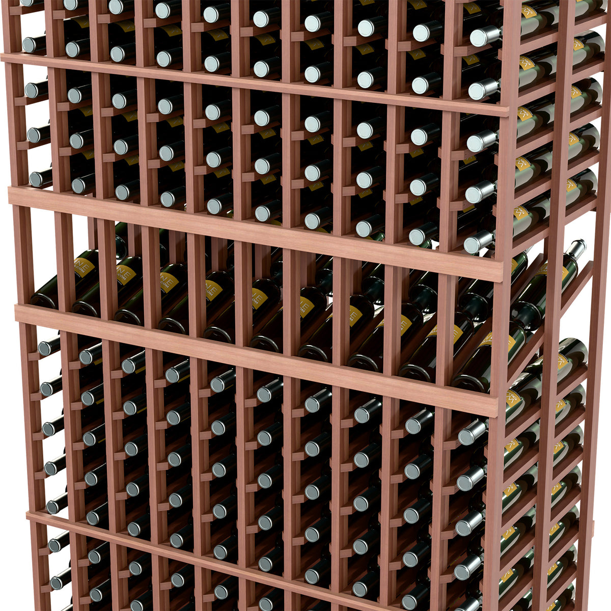 Close-up wine display rack with bottle holders in a dark wood grid and rails