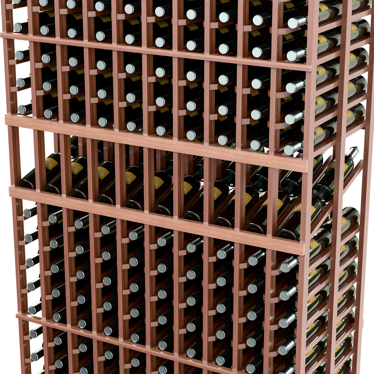 Close-up dark wood wine rack with bottle slots and metal label holders