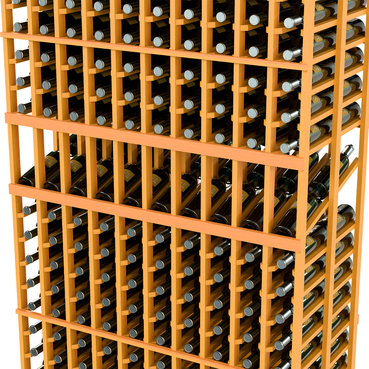Orange wood wine rack close-up with bottle slots and metal label holders
