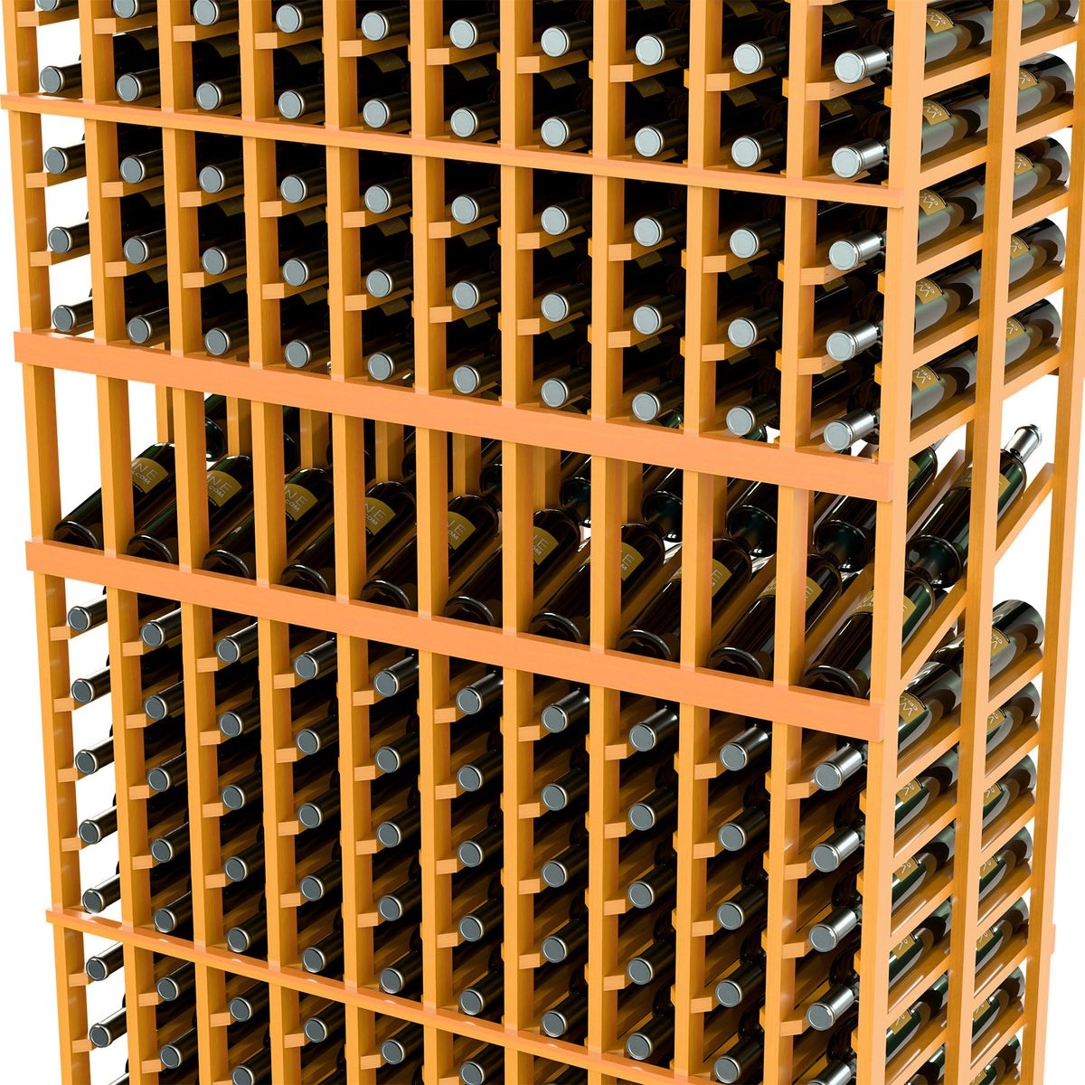 Orange wood wine rack close-up showing bottle rows and metal label holders