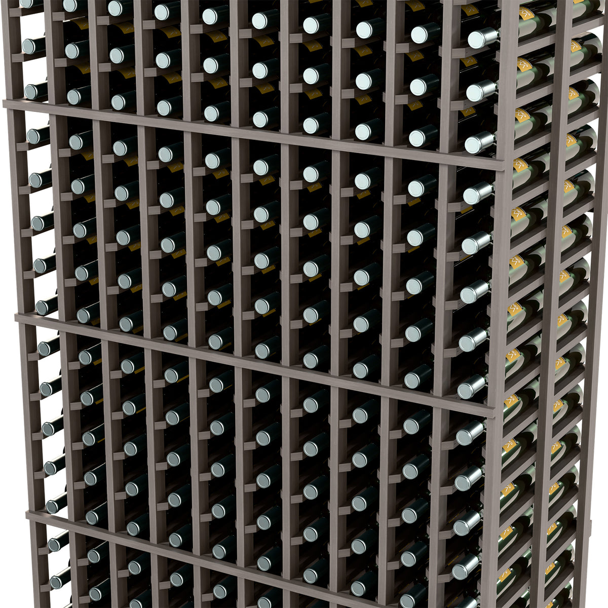 Wine bottle rack close-up with black dividers and bottle slots